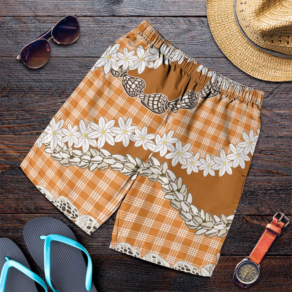 Orange Hawaii Tiare and Shell Lei Shorts for Men Hawaiian Palaka Luxury Vibes - Polynesian Pride