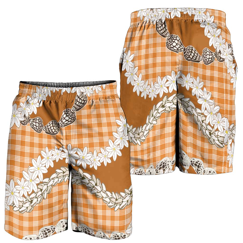 Orange Hawaii Tiare and Shell Lei Shorts for Men Hawaiian Palaka Luxury Vibes LT14 - Polynesian Pride