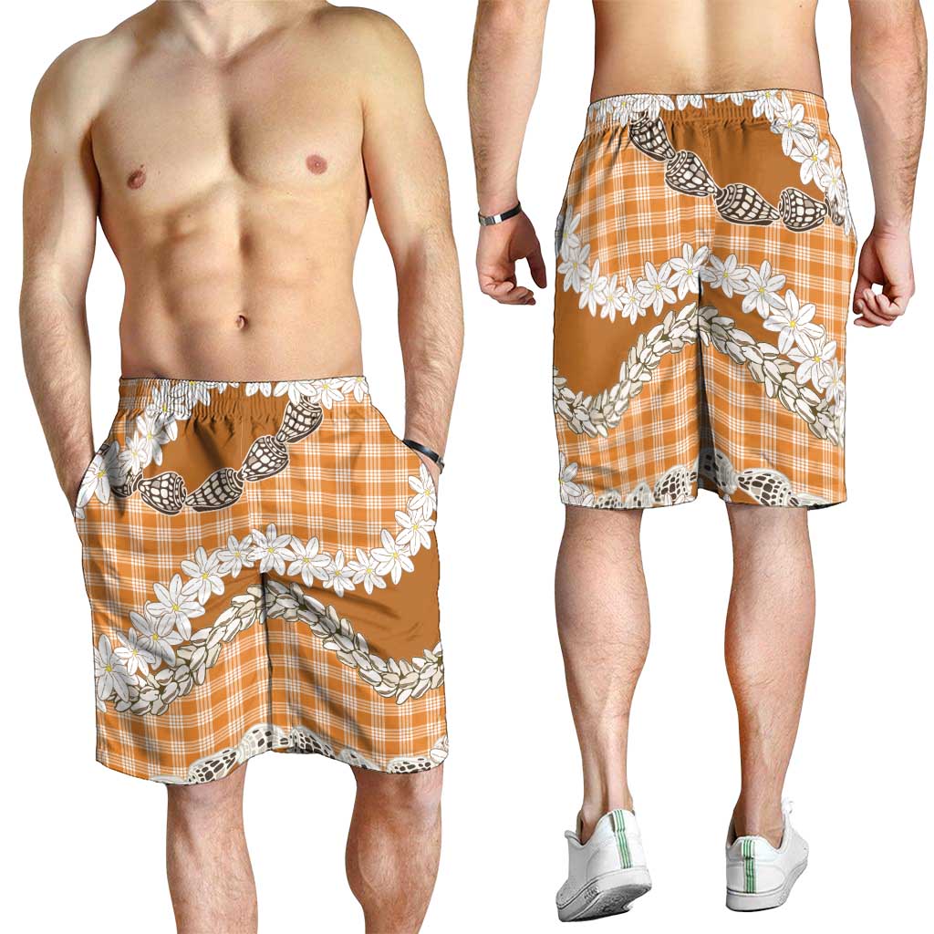 Orange Hawaii Tiare and Shell Lei Shorts for Men Hawaiian Palaka Luxury Vibes LT14 - Polynesian Pride
