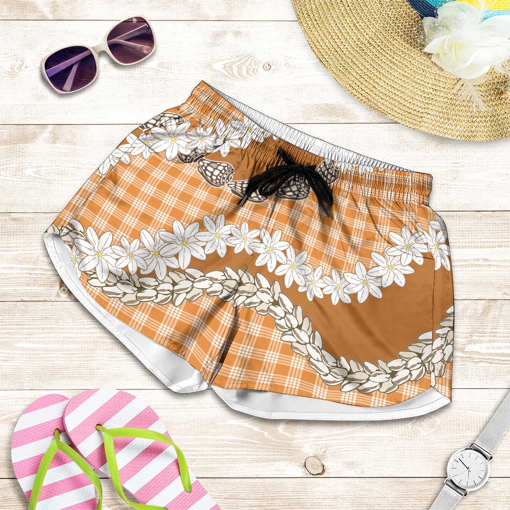 Orange Hawaii Tiare and Shell Lei Shorts for Women Hawaiian Palaka Luxury Vibes LT14 Orange - Polynesian Pride