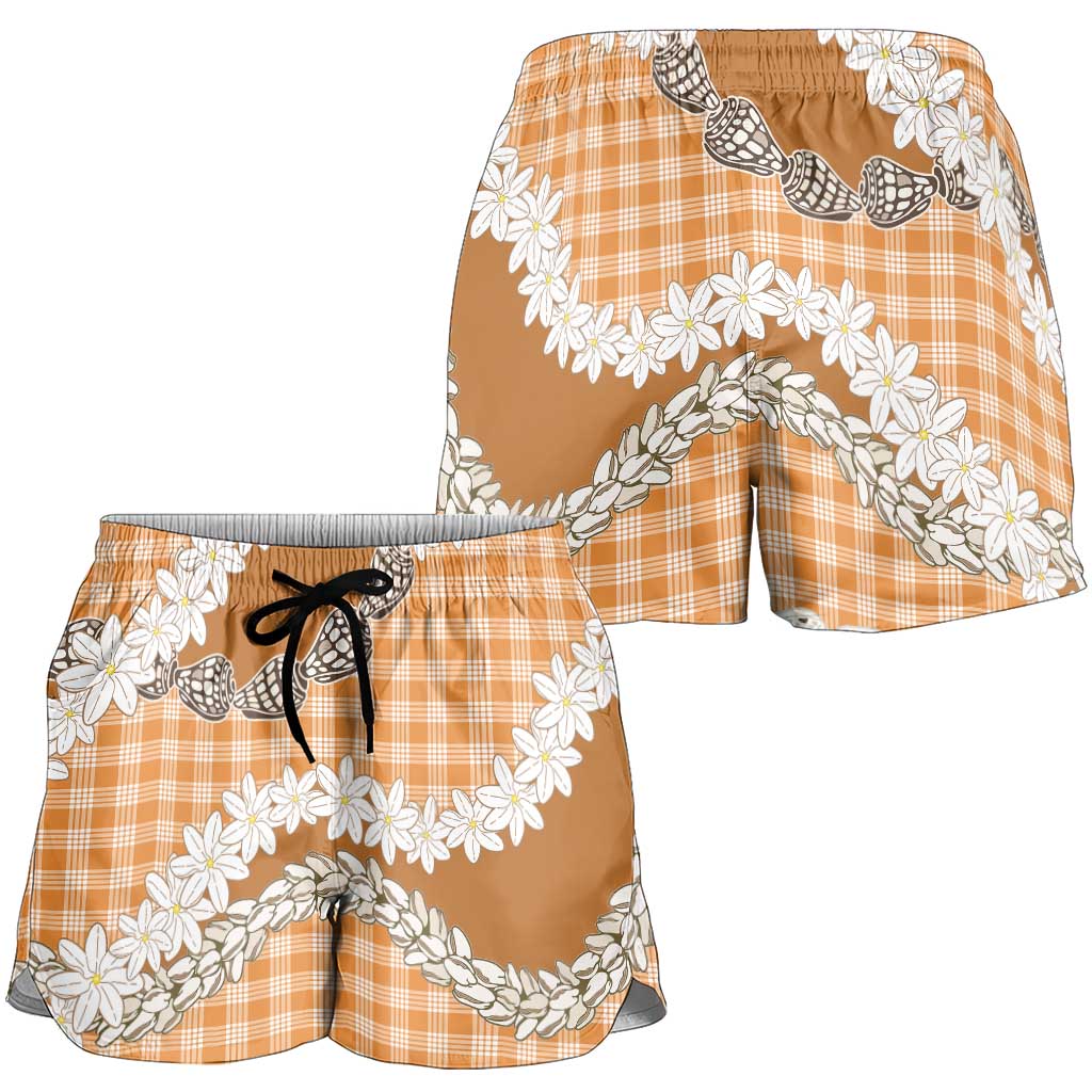Orange Hawaii Tiare and Shell Lei Shorts for Women Hawaiian Palaka Luxury Vibes LT14 - Polynesian Pride
