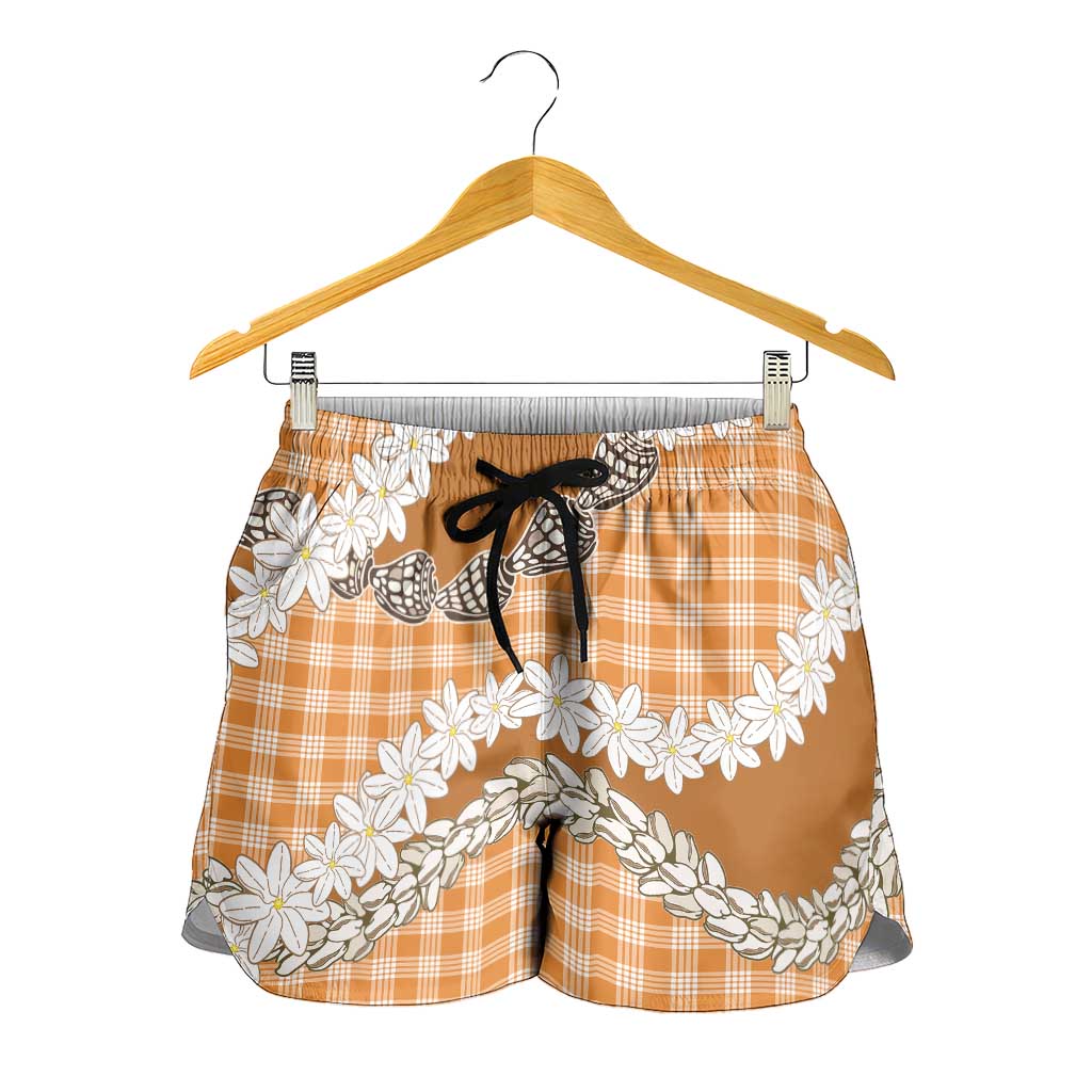 Orange Hawaii Tiare and Shell Lei Shorts for Women Hawaiian Palaka Luxury Vibes LT14 - Polynesian Pride