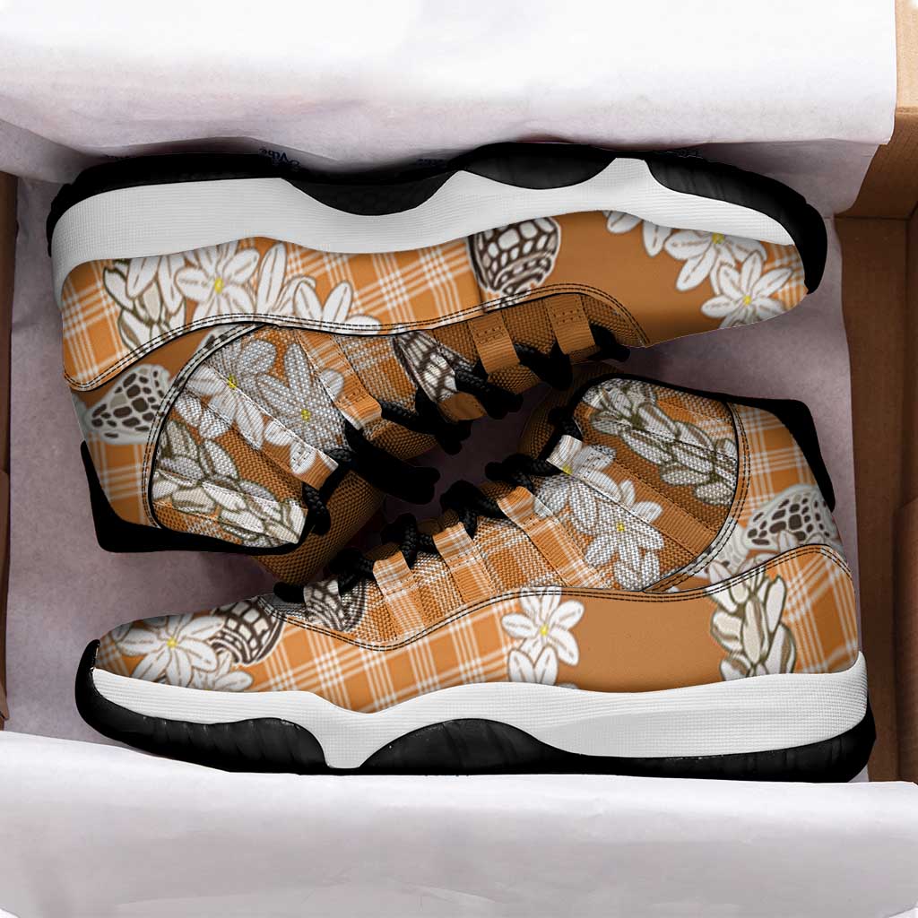 Orange Hawaii Tiare and Shell Lei Sneakers J11 Hawaiian Palaka Luxury Vibes - Polynesian Pride