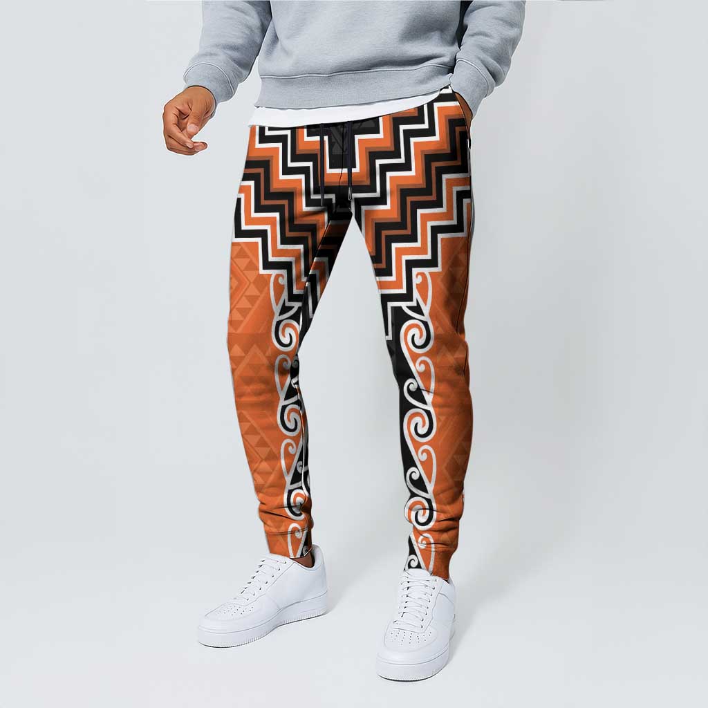 Orange Niho Taniwha Mix Poutama Jogger Pants Unique Taniko Aotearoa LT01 - Polynesian Pride