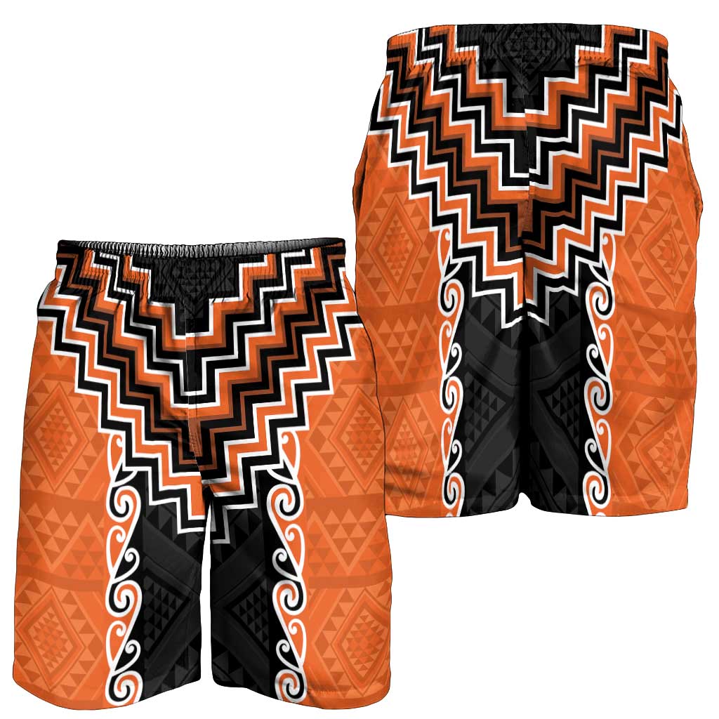 Orange Niho Taniwha Mix Poutama Shorts for Men Unique Taniko Aotearoa LT01 - Polynesian Pride