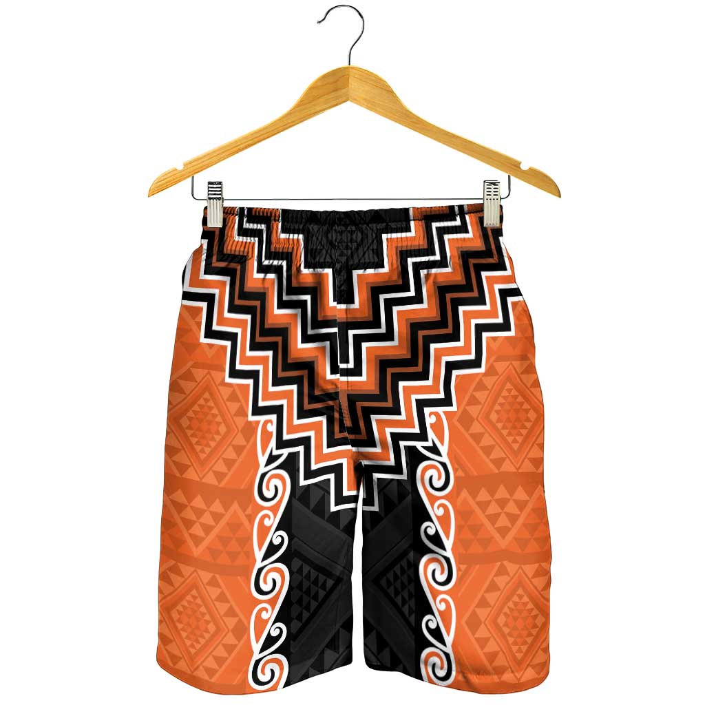 Orange Niho Taniwha Mix Poutama Shorts for Men Unique Taniko Aotearoa LT01 - Polynesian Pride