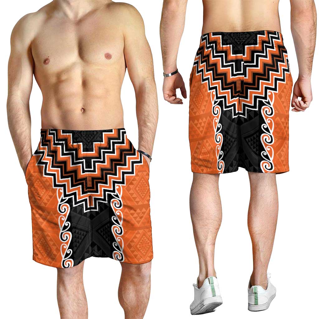 Orange Niho Taniwha Mix Poutama Shorts for Men Unique Taniko Aotearoa LT01 - Polynesian Pride
