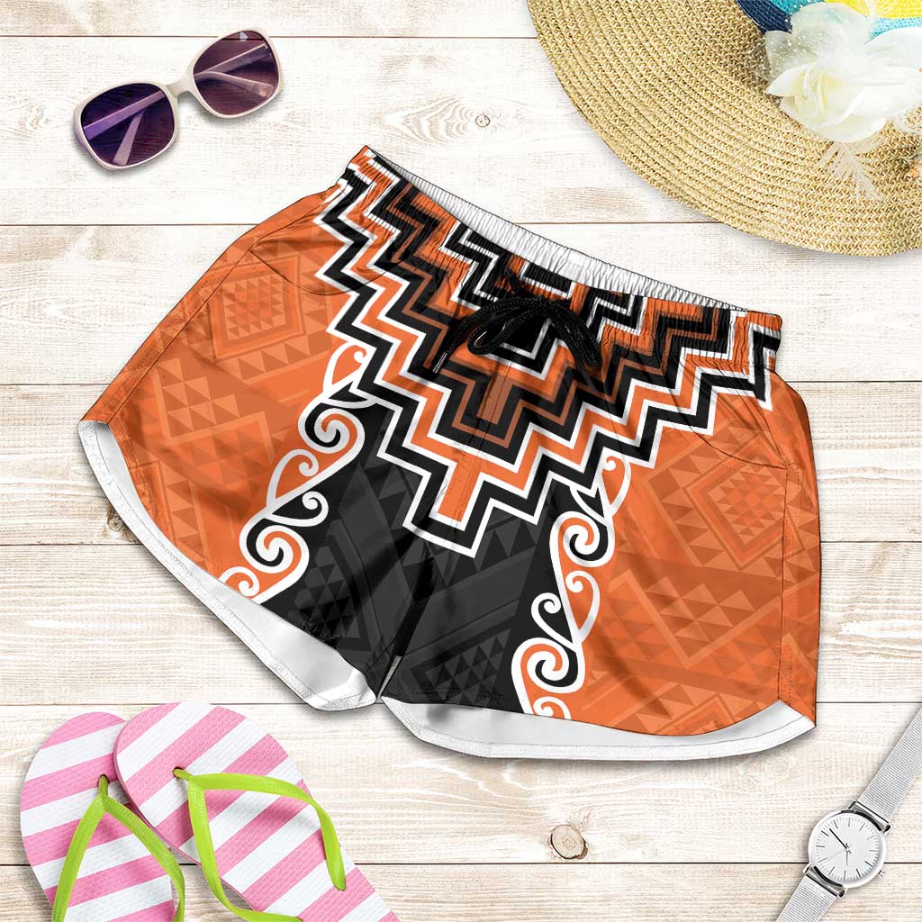 Orange Niho Taniwha Mix Poutama Shorts for Women Unique Taniko Aotearoa LT01 Orange - Polynesian Pride