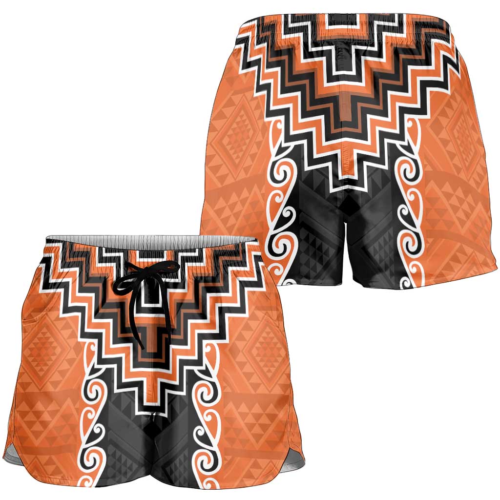 Orange Niho Taniwha Mix Poutama Shorts for Women Unique Taniko Aotearoa LT01 - Polynesian Pride