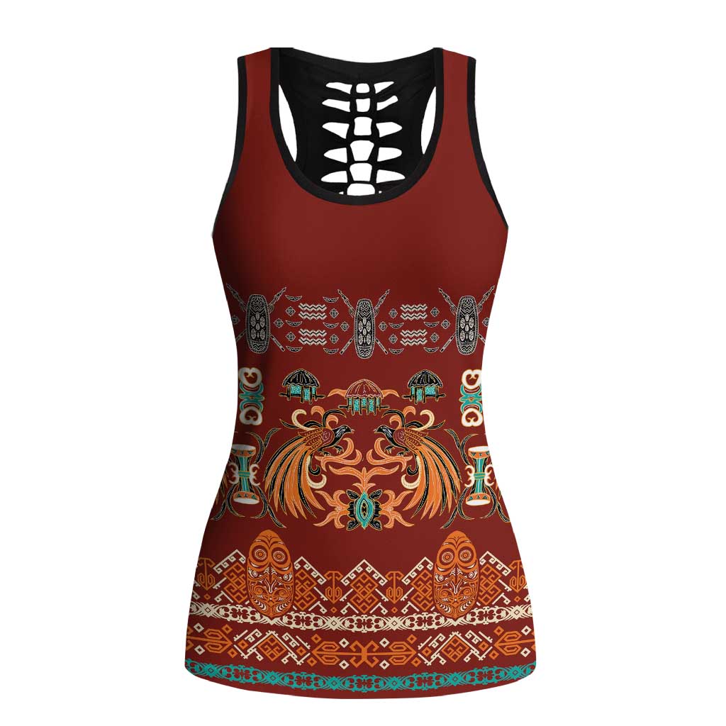 Oxblood Batik Papua-inspired Pattern Hollow Tank Top LT9 Female Red - Polynesian Pride