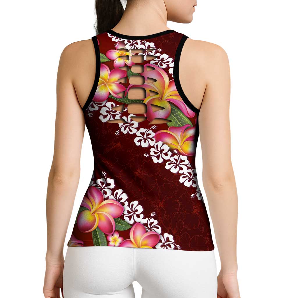 Oxblood Polynesia Hollow Tank Top Plumeria With Hibiscus Pattern Tropical Vibes LT14 - Polynesian Pride