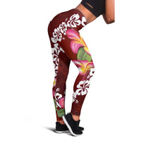 Oxblood Polynesia Leggings Plumeria With Hibiscus Pattern Tropical Vibes - Polynesian Pride