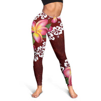 Oxblood Polynesia Leggings Plumeria With Hibiscus Pattern Tropical Vibes - Polynesian Pride