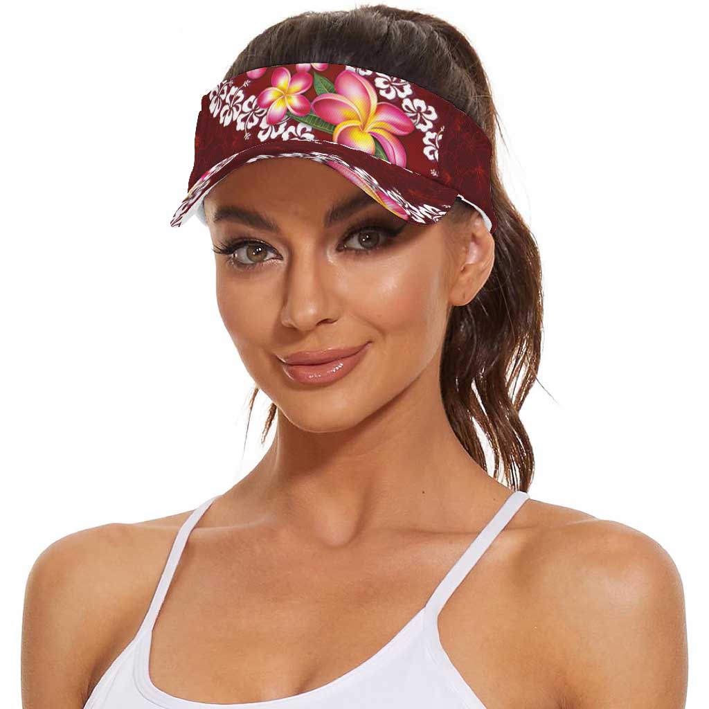Oxblood Polynesia Sun Visor Cap Plumeria With Hibiscus Pattern Tropical Vibes LT14 - Polynesian Pride