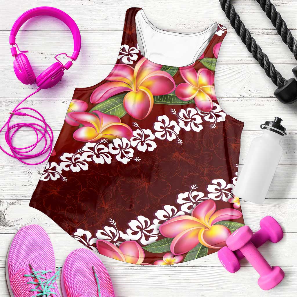 Oxblood Polynesia Women Racerback Tank Plumeria With Hibiscus Pattern Tropical Vibes - Polynesian Pride