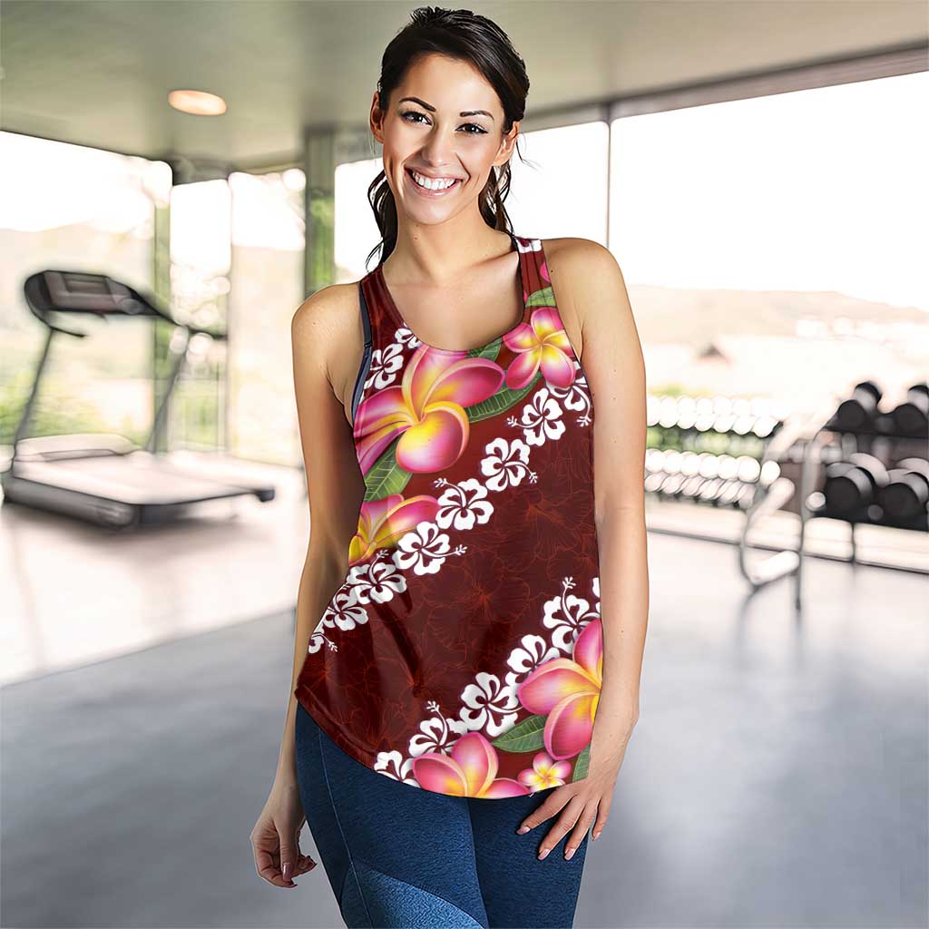Oxblood Polynesia Women Racerback Tank Plumeria With Hibiscus Pattern Tropical Vibes - Polynesian Pride