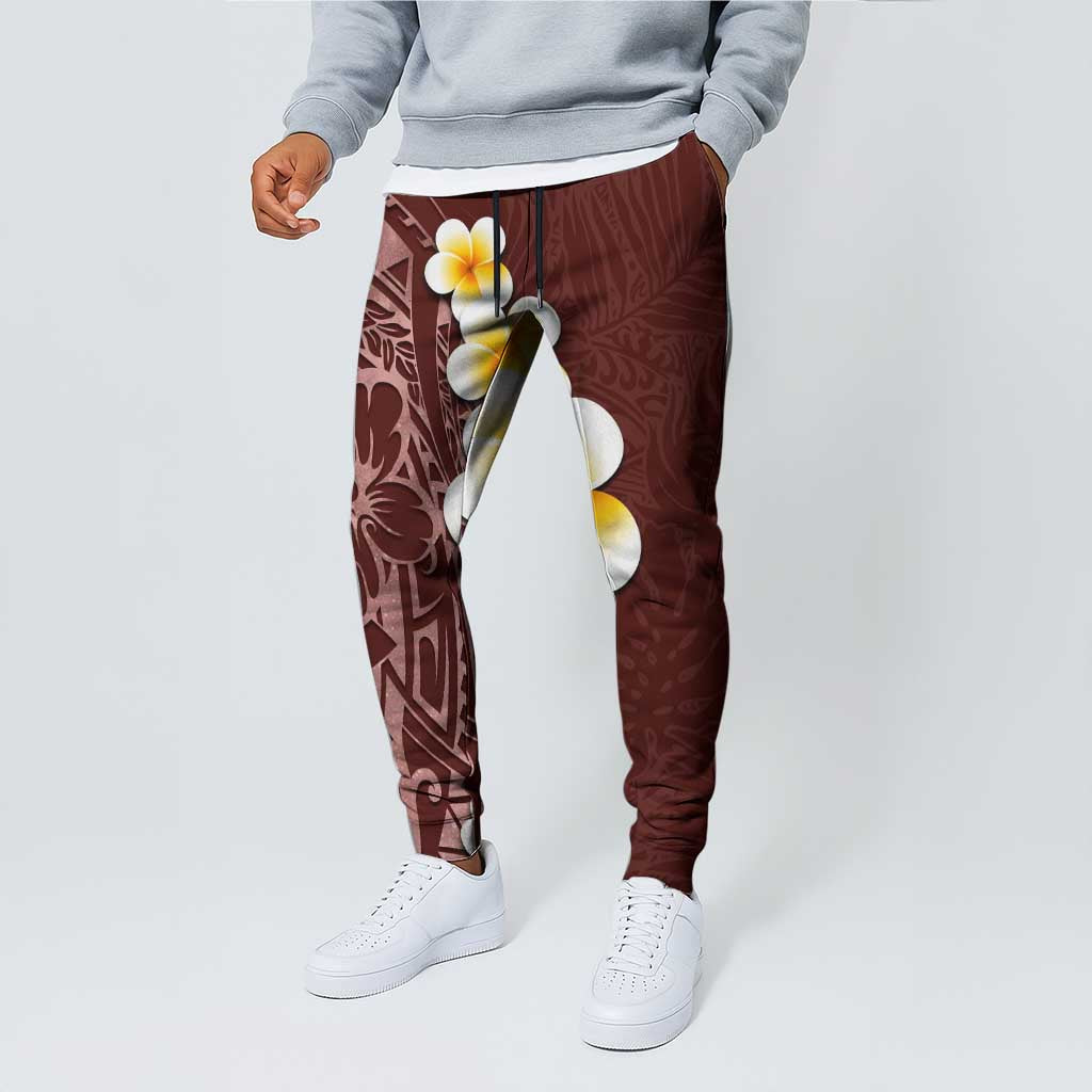 Oxblood Tropical Plumeria With Galaxy Polynesian Art Jogger Pants - Polynesian Pride