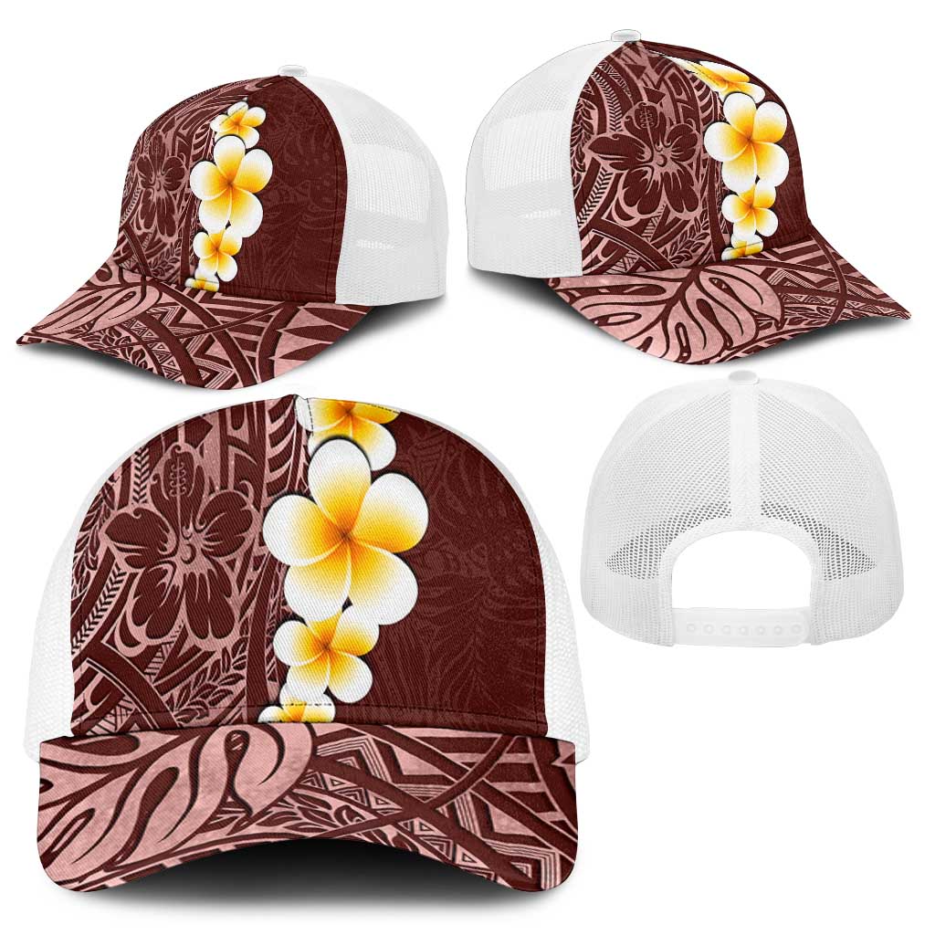 Oxblood Tropical Plumeria With Galaxy Polynesian Art Mesh Trucker Cap - Polynesian Pride