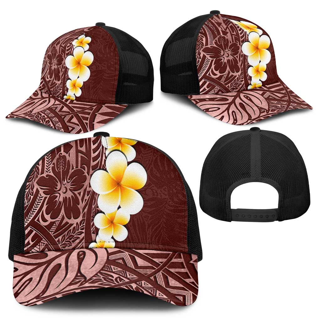 Oxblood Tropical Plumeria With Galaxy Polynesian Art Mesh Trucker Cap - Polynesian Pride