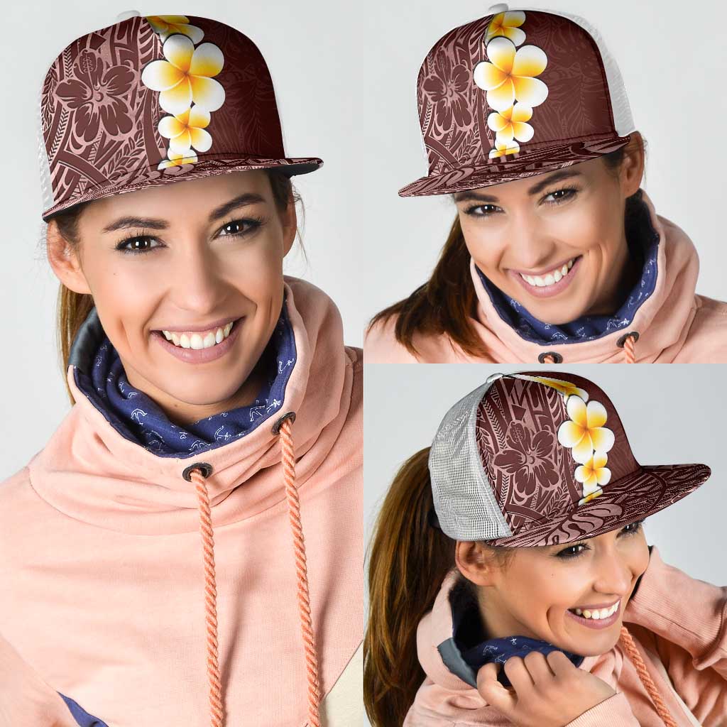 Oxblood Tropical Plumeria With Galaxy Polynesian Art Mesh Trucker Cap - Polynesian Pride