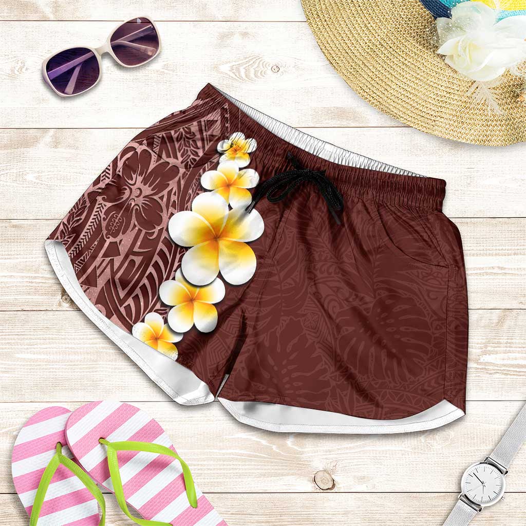 Oxblood Tropical Plumeria With Galaxy Polynesian Art Shorts for Women - Polynesian Pride