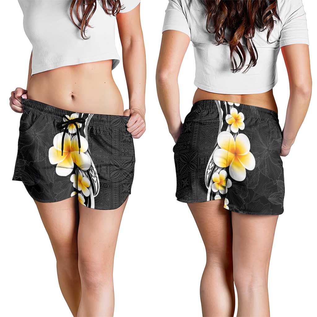 Pacific Hibiscus and Plumeria Tapa Pattern Shorts for Women Black Color - Polynesian Pride