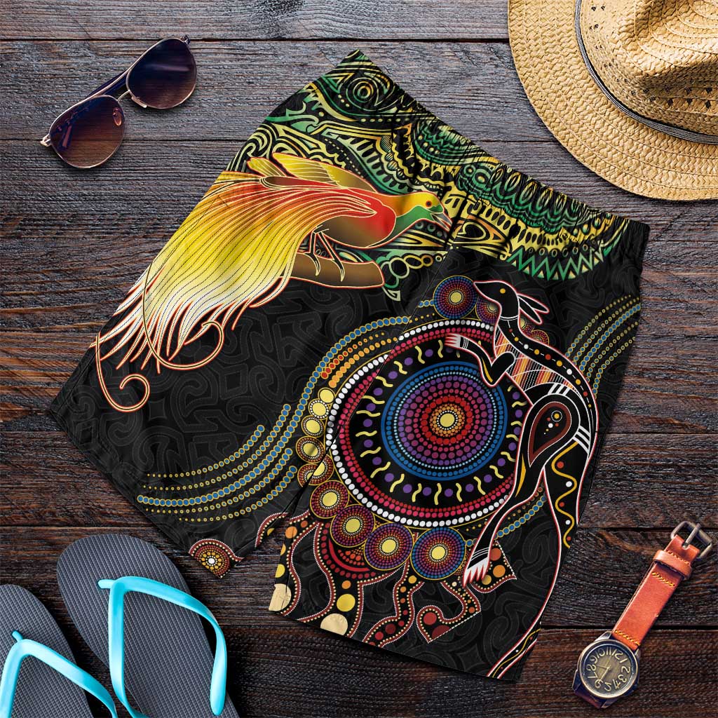 Papua New Guinea and Australia Together Shorts for Men Bird of Paradise and Kangaroo Melanesian Aboriginal Motifs - Polynesian Pride