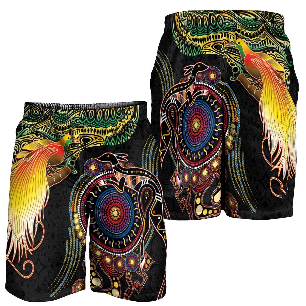Papua New Guinea and Australia Together Shorts for Men Bird of Paradise and Kangaroo Melanesian Aboriginal Motifs - Polynesian Pride