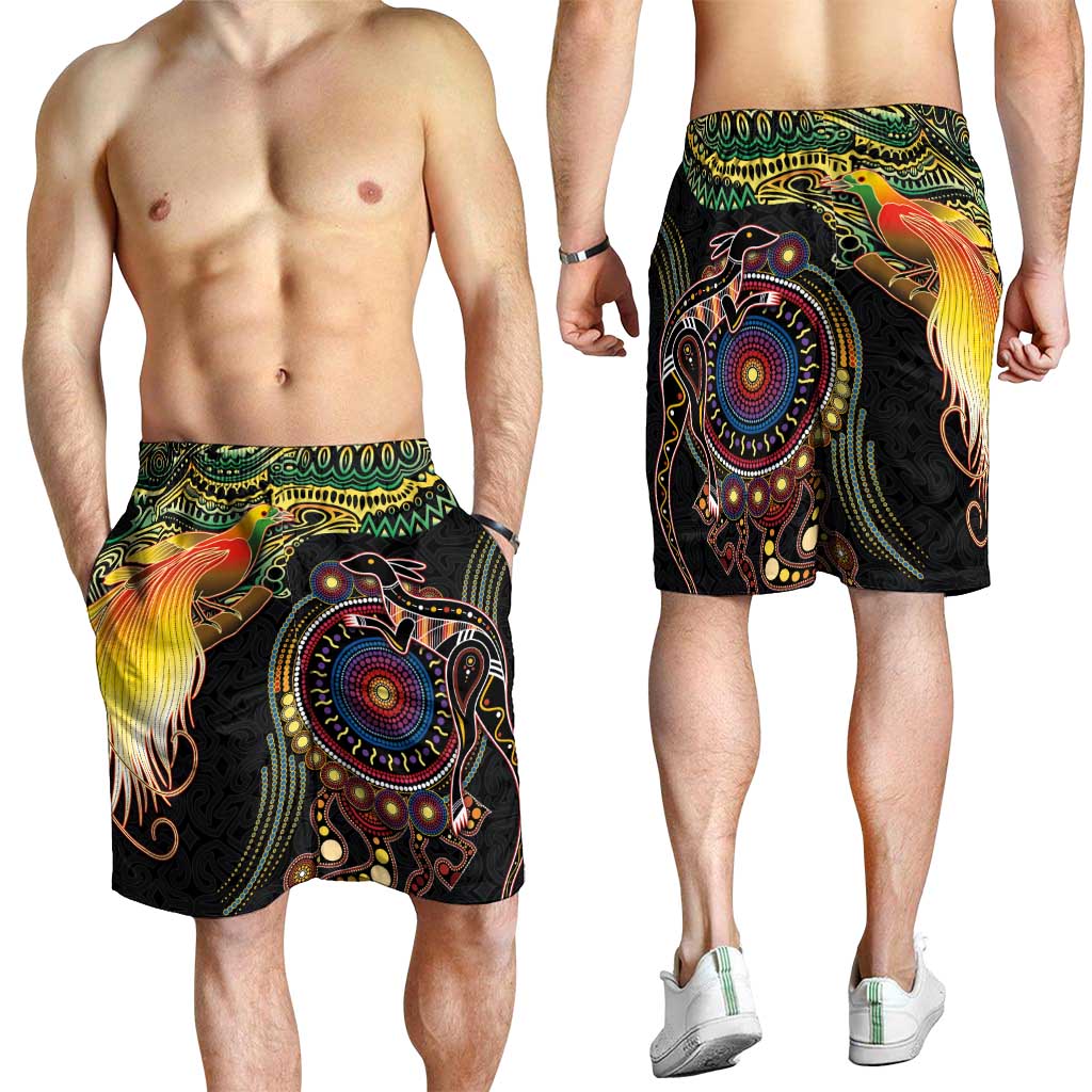 Papua New Guinea and Australia Together Shorts for Men Bird of Paradise and Kangaroo Melanesian Aboriginal Motifs - Polynesian Pride