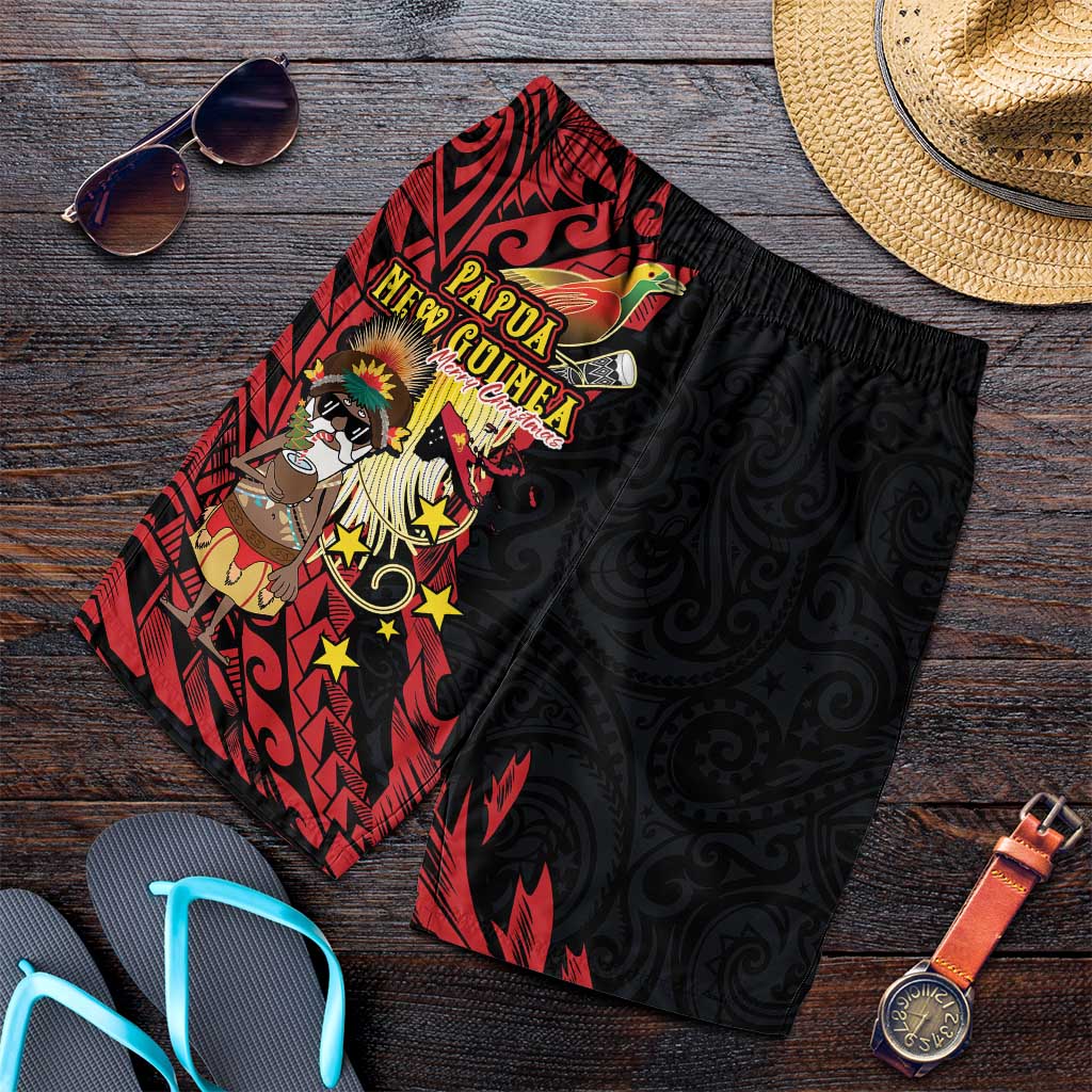 Papua New Guinea Christmas Shorts for Men Funny Melanesian Santa with Bird-of-paradise Tribal Style - Polynesian Pride