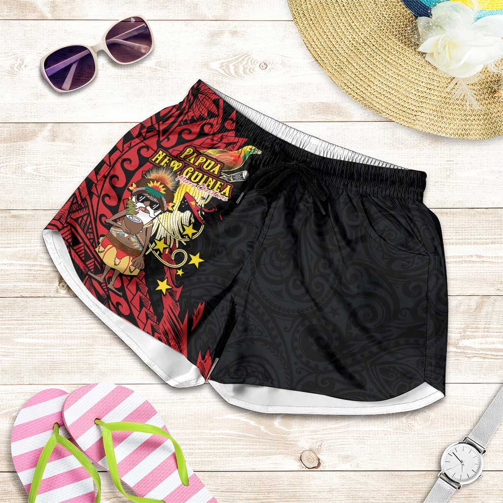 Papua New Guinea Christmas Shorts for Women Funny Melanesian Santa with Bird-of-paradise Tribal Style - Polynesian Pride