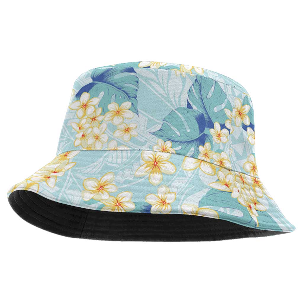 Pastel Cyan Tropical Hawaii Bucket Hat Seamless Monstera Plumeria Hawaiian Pattern - Polynesian Pride