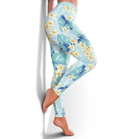 Pastel Cyan Tropical Hawaii Leggings Seamless Monstera Plumeria Hawaiian Pattern - Polynesian Pride