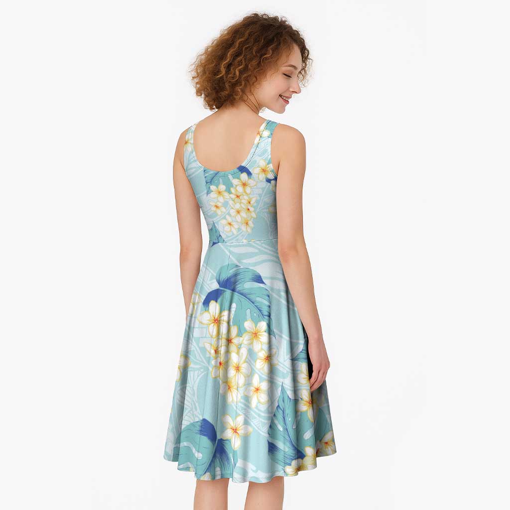 Pastel Cyan Tropical Hawaii Midi Dress Seamless Monstera Plumeria Hawaiian Pattern - Polynesian Pride