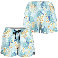 Pastel Cyan Tropical Hawaii Shorts for Women Seamless Monstera Plumeria Hawaiian Pattern - Polynesian Pride