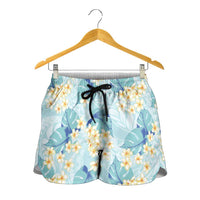 Pastel Cyan Tropical Hawaii Shorts for Women Seamless Monstera Plumeria Hawaiian Pattern - Polynesian Pride