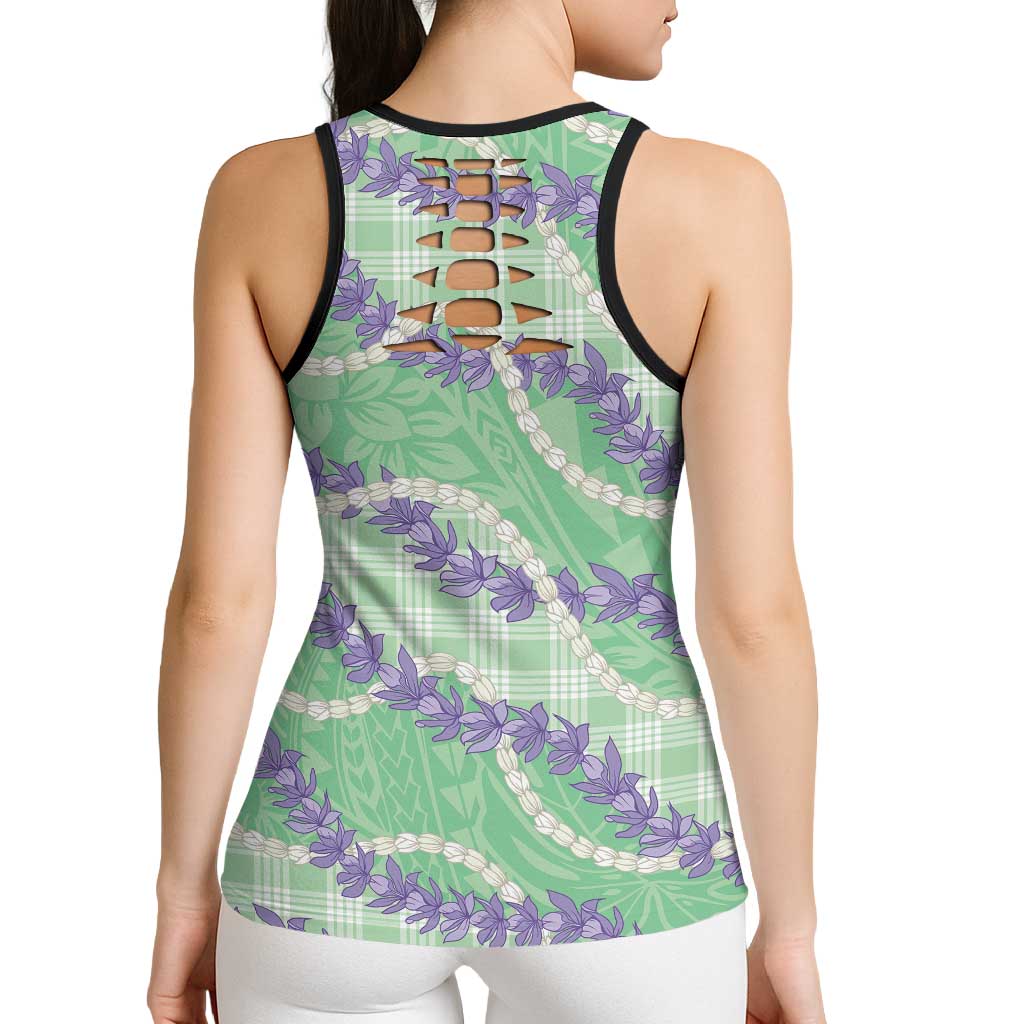 Pastel Green Hawaii Palaka Honohono Pikake Hollow Tank Top Hawaiian Orchid Lei Polynesian Pattern LT14 - Polynesian Pride