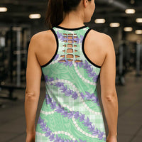 Pastel Green Hawaii Palaka Honohono Pikake Hollow Tank Top Hawaiian Orchid Lei Polynesian Pattern LT14 - Polynesian Pride