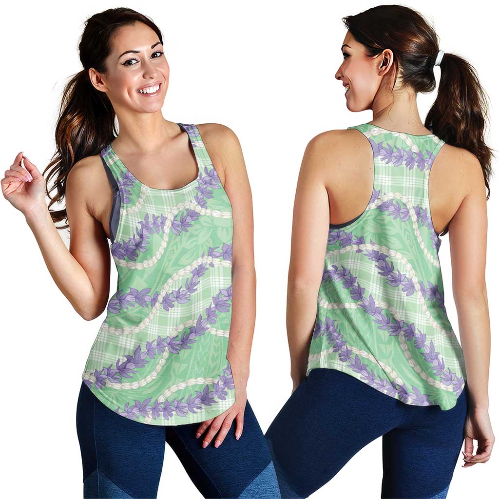 Pastel Green Hawaii Palaka Honohono Pikake Women Racerback Tank Hawaiian Orchid Lei Polynesian Pattern - Polynesian Pride
