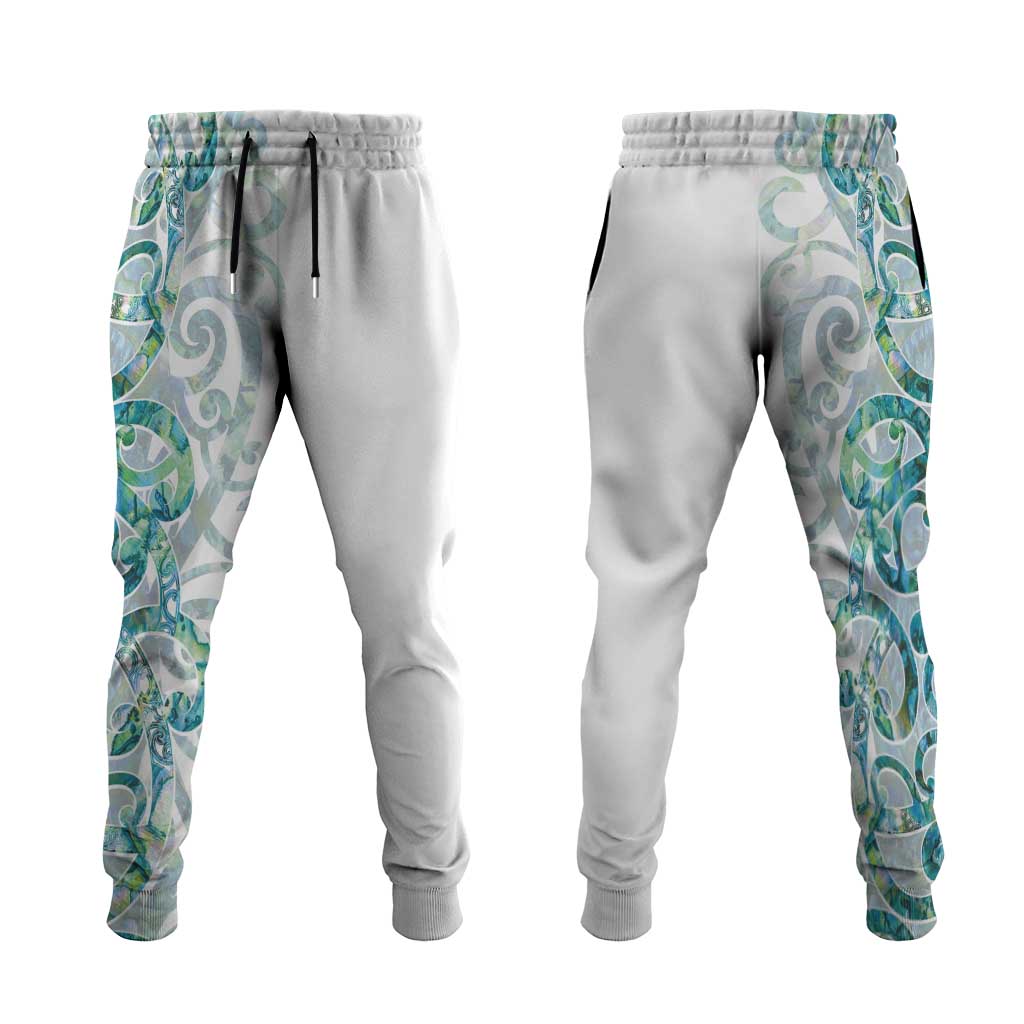 Paua Shell Maori Jogger Pants Koru Kowhaiwhai LT7 White - Polynesian Pride