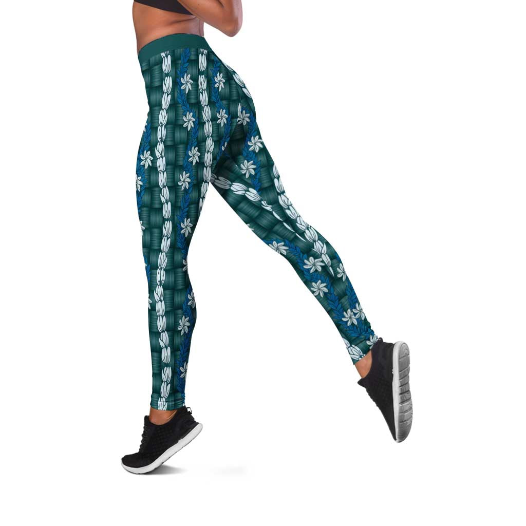 Pikake Maile Tiare Lei Leggings Polu Lauhala Pattern LT01 Blue - Polynesian Pride
