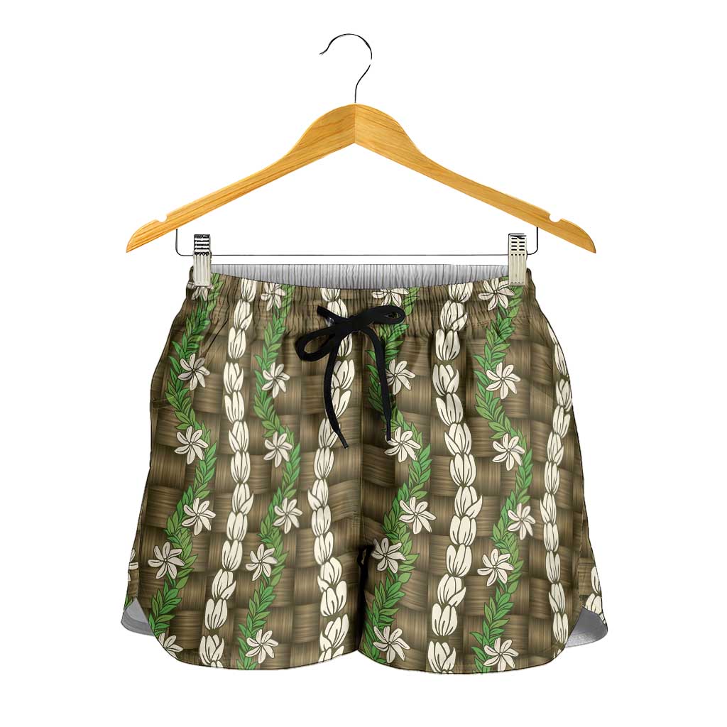 Pikake Maile Tiare Lei Shorts for Women Natural Lauhala Pattern