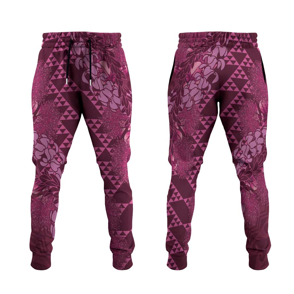 Pink Aloha Hawaii Jogger Pants Hawaiian Kakau Ohia Lehua Lei - Polynesian Pride