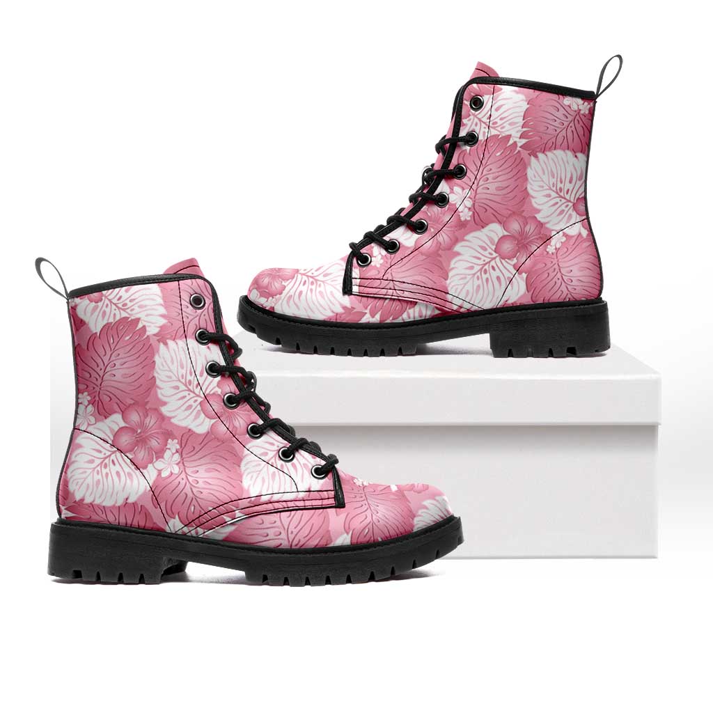 Pink Aloha Hawaii Leather Boots Monstera Hibiscus Plumeria Seamless Vibes - Polynesian Pride
