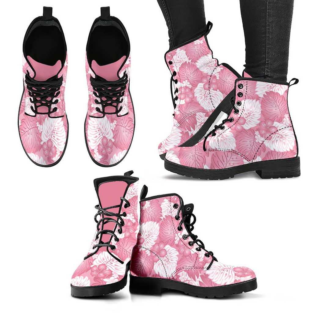 Pink Aloha Hawaii Leather Boots Monstera Hibiscus Plumeria Seamless Vibes - Polynesian Pride