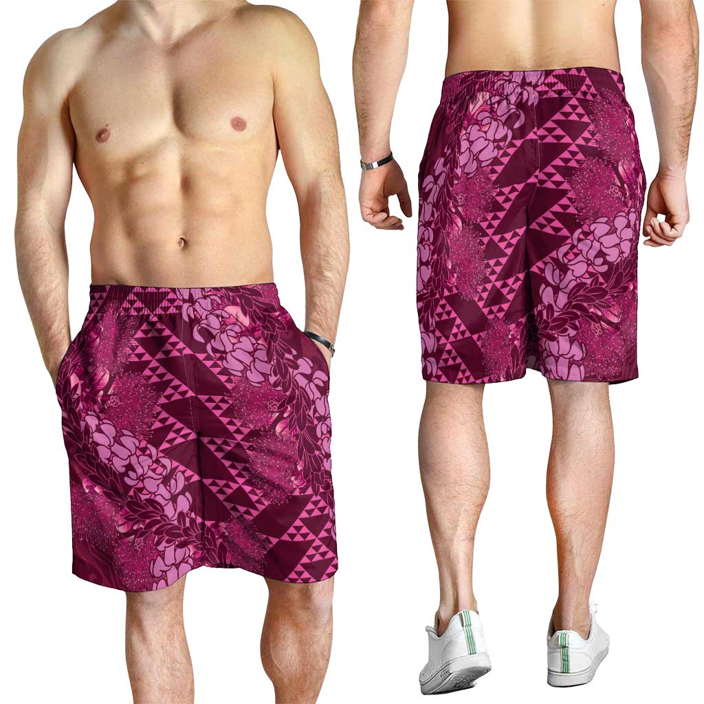 Pink Aloha Hawaii Shorts for Men Hawaiian Kakau Ohia Lehua Lei - Polynesian Pride