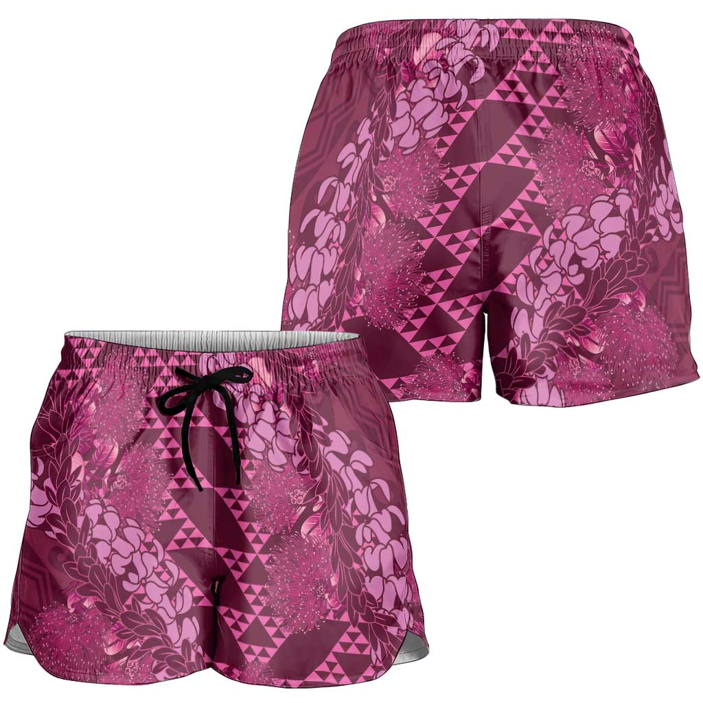 Pink Aloha Hawaii Shorts for Women Hawaiian Kakau Ohia Lehua Lei - Polynesian Pride