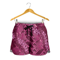 Pink Aloha Hawaii Shorts for Women Hawaiian Kakau Ohia Lehua Lei - Polynesian Pride