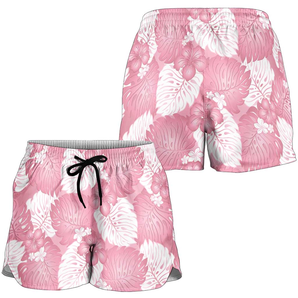 Pink Aloha Hawaii Shorts for Women Monstera Hibiscus Plumeria Seamless Vibes - Polynesian Pride