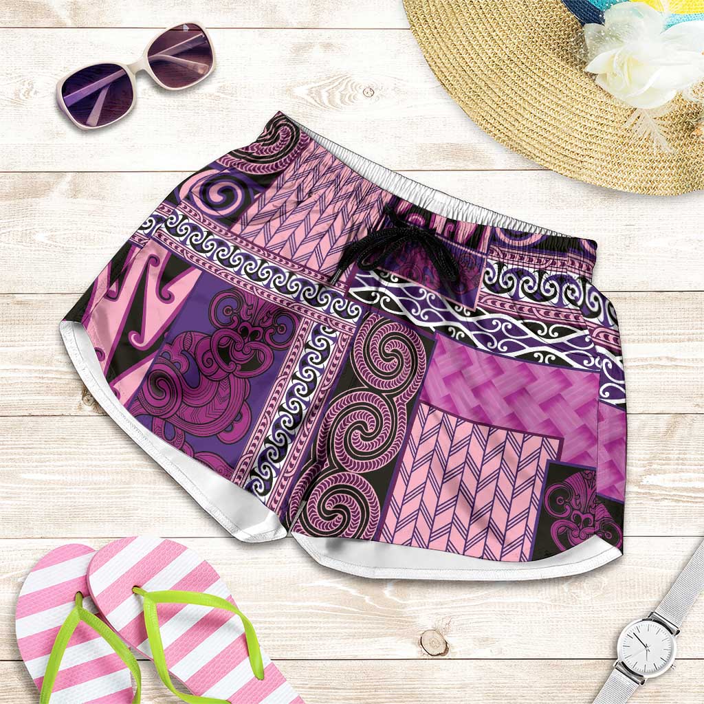 Pink Aotearoa Kowhaiwhai Pattern Shorts for Women NZ Maori Quilt Style - Polynesian Pride